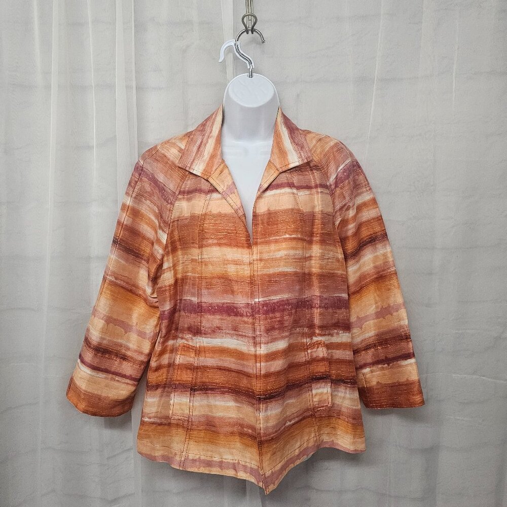 Chico's Jacket Orange Striped Open Linen Blend Watercolor Artsy 1 (M)
